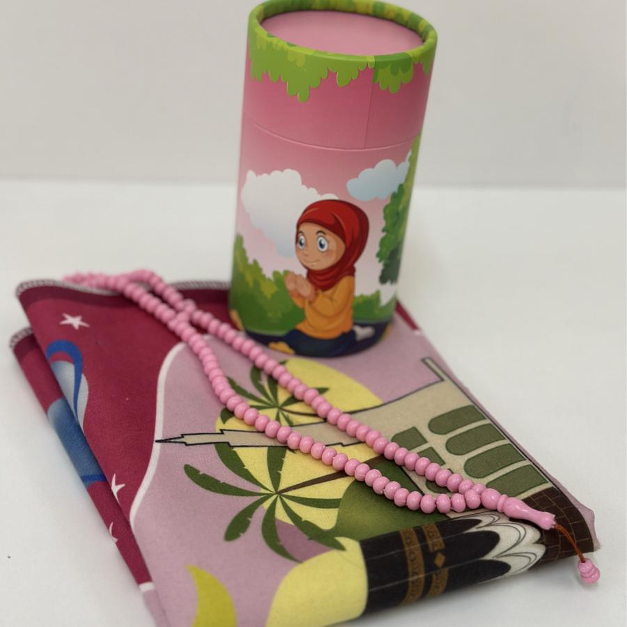 Silindir kutu içinde kız çocuğu seccadesi ve özel üretim Tesbih