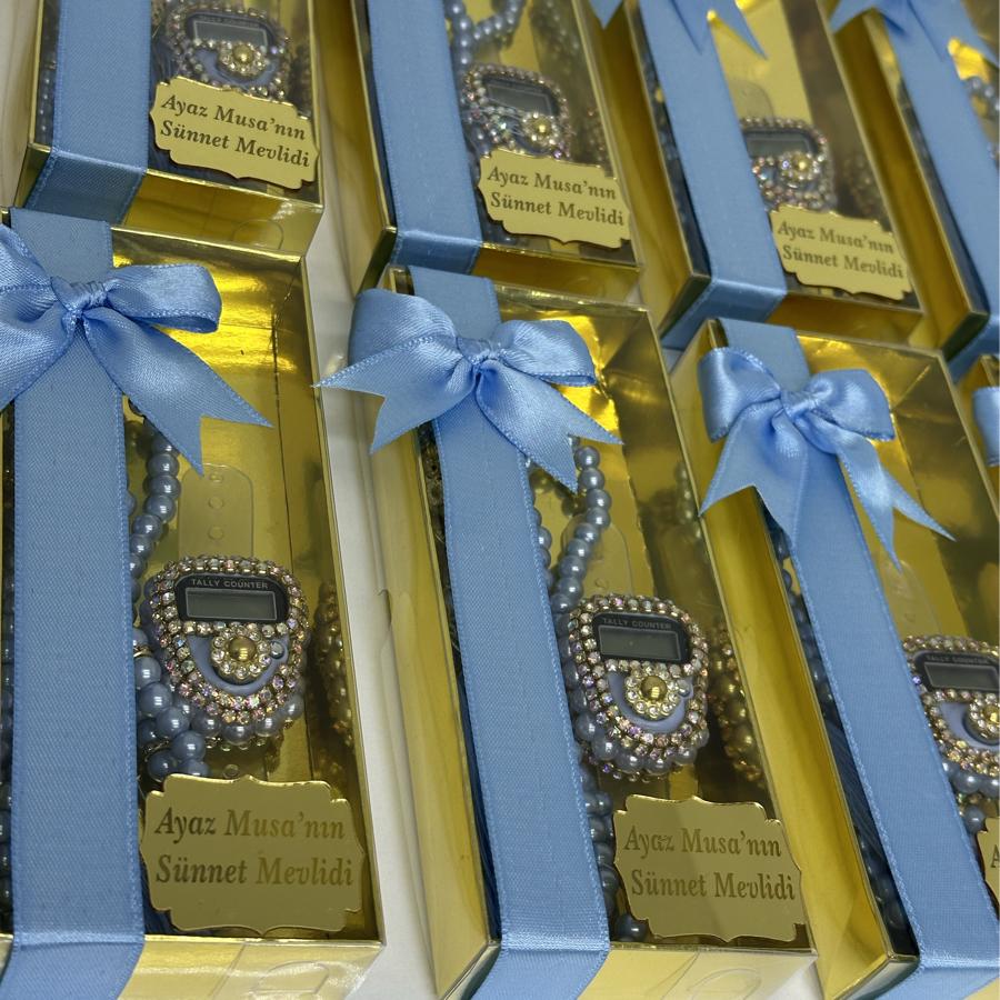Hediye kutusunda taşlı zikirmatik ve inci tesbih