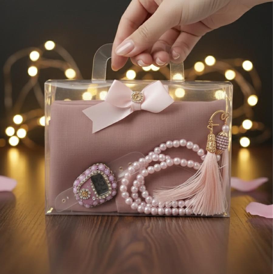 Hediye kutusunda başörtü yazma taşlı zikir ve inci Tesbih hediyelik